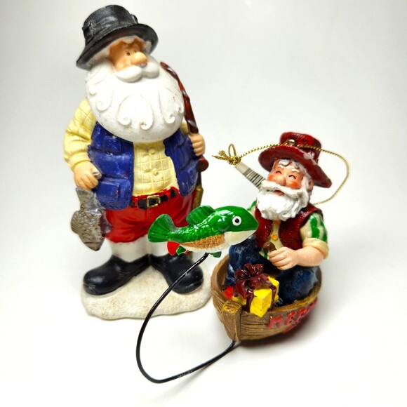 Fishing Santa Claus Ornament Hanging Boat Standing Catch St. Nicholas Cute - Picture 1 of 8